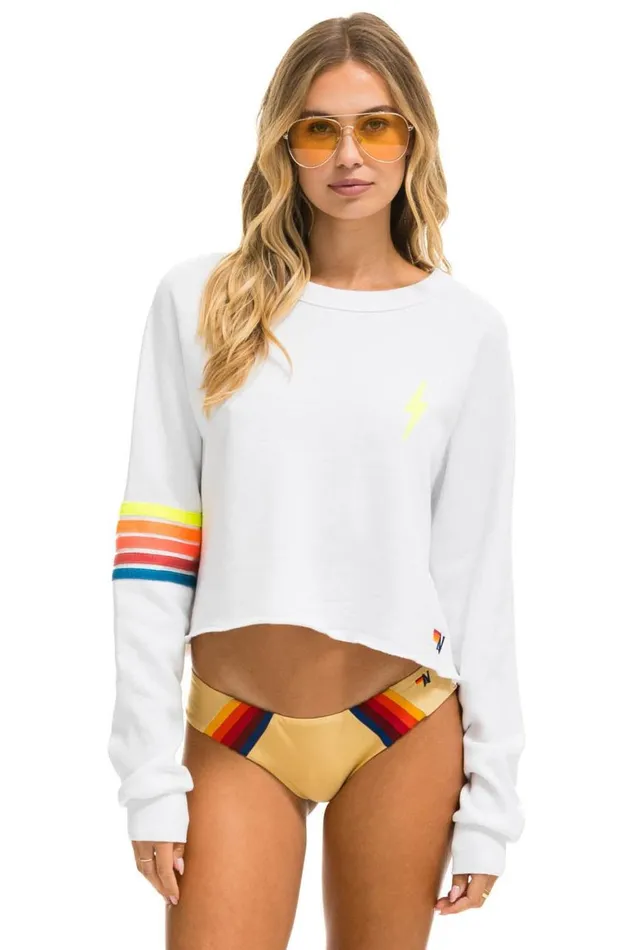 Women Sweatshirts Aviator Nation Bolt Rugby Stitch Cropped Crew Sweatshirt 8211 White Neon Rainbow