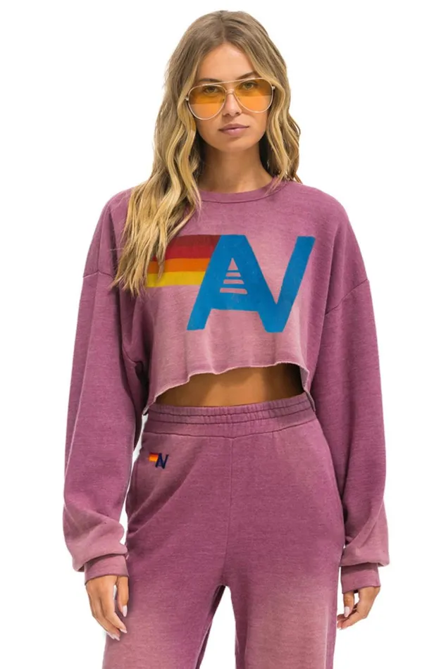 Women Sweatshirts Aviator Nation Vintage Logo Cropped Crew Sweatshirt Relaxed 8211 Faded Berry
