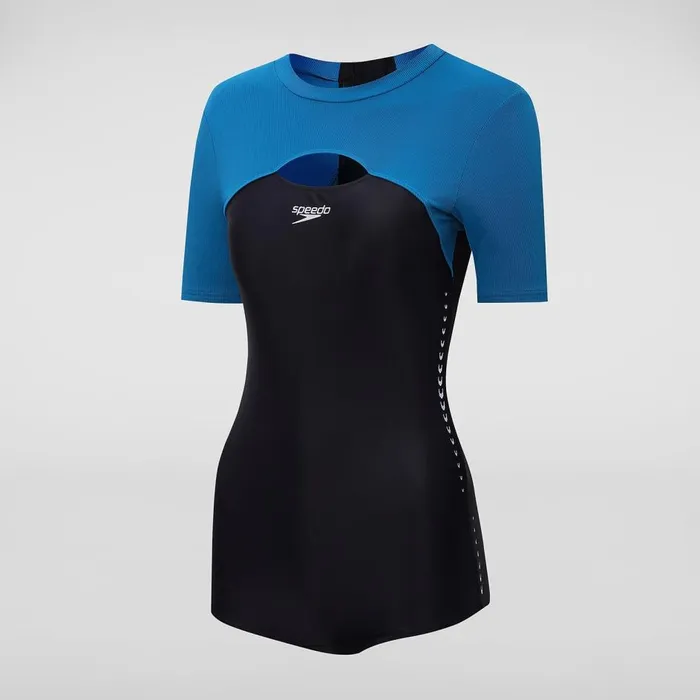 Women Swimming Costumes Speedo Women039s Short Sleeved Low Leg Swimsuit BlackBlue
