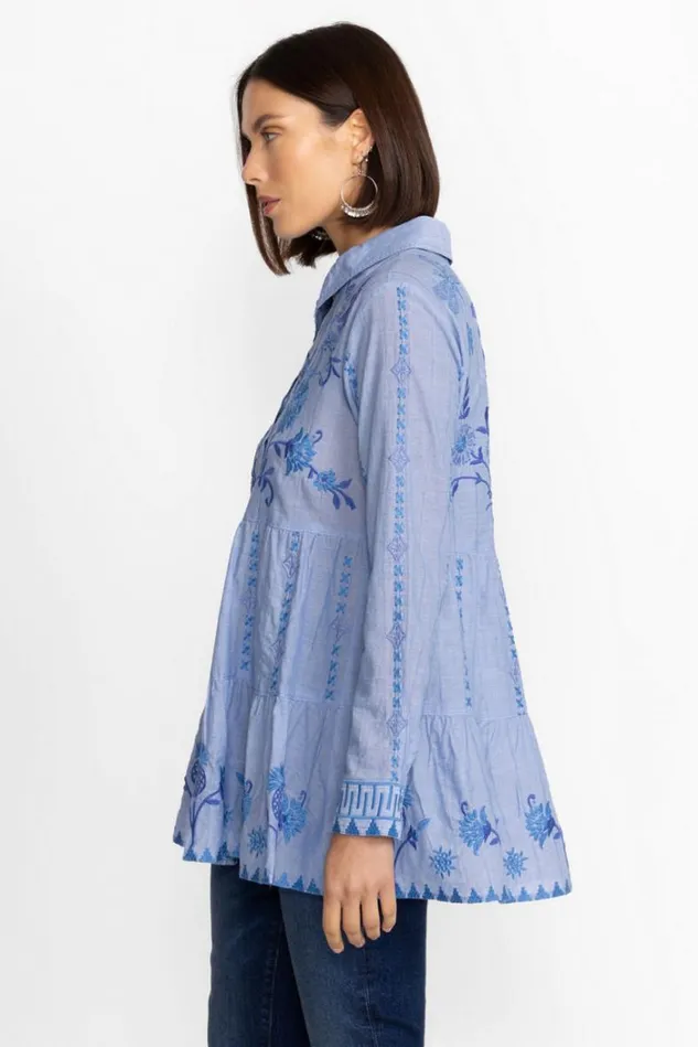 Women TARRA TIERED SHIRT TUNIC Light Denim Blue Johnny Was Tops Women TARRA TIERED SHIRT TUNIC Light Denim Blue Johnny Was Tops