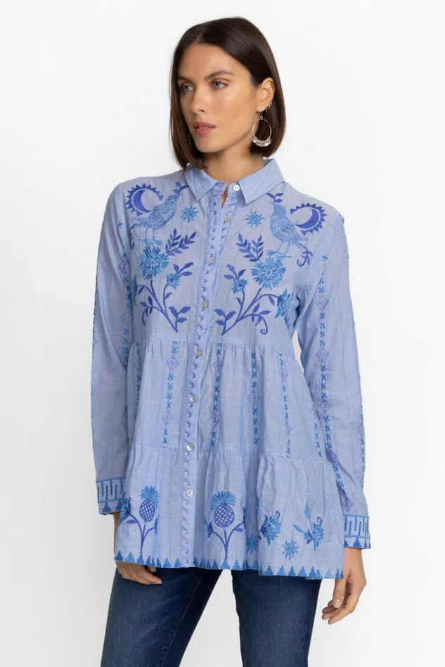 Women TARRA TIERED SHIRT TUNIC Light Denim Blue Johnny Was Tops Women TARRA TIERED SHIRT TUNIC Light Denim Blue Johnny Was Tops