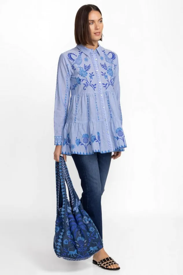 Women TARRA TIERED SHIRT TUNIC Light Denim Blue Johnny Was Tops Women TARRA TIERED SHIRT TUNIC Light Denim Blue Johnny Was Tops