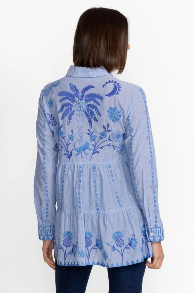 Women TARRA TIERED SHIRT TUNIC Light Denim Blue Johnny Was Tops Women TARRA TIERED SHIRT TUNIC Light Denim Blue Johnny Was Tops