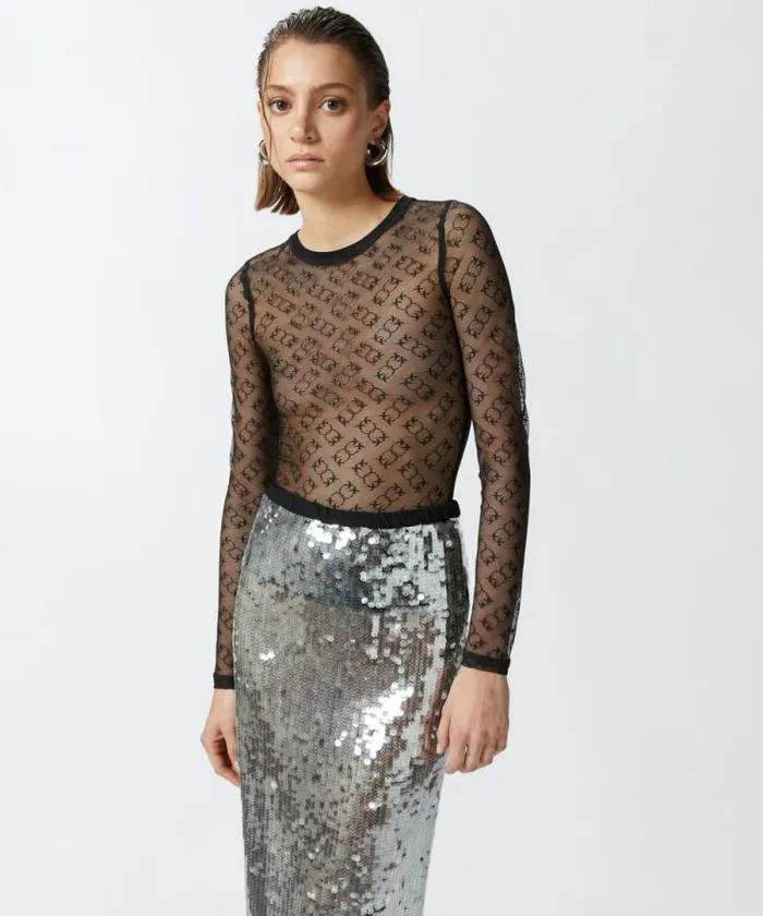Women Topwear Pinko Monogram Transparent Lace Longsleeved Jersey Limo Black Women Topwear Pinko Monogram Transparent Lace Longsleeved Jersey Limo Black