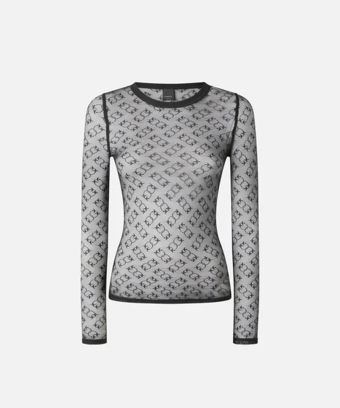 Women Topwear Pinko Monogram Transparent Lace Longsleeved Jersey Limo Black Women Topwear Pinko Monogram Transparent Lace Longsleeved Jersey Limo Black
