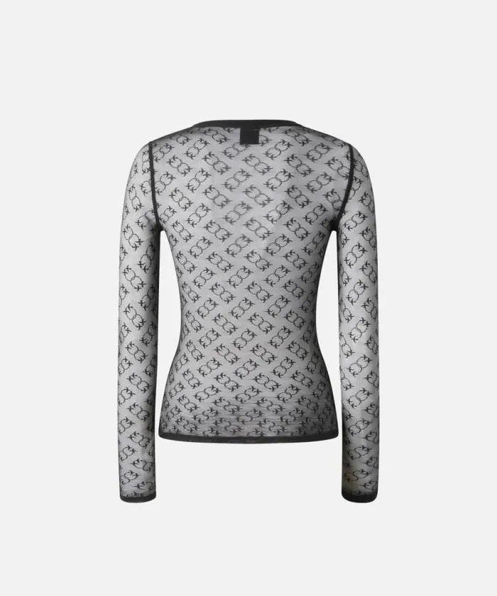 Women Topwear Pinko Monogram Transparent Lace Longsleeved Jersey Limo Black Women Topwear Pinko Monogram Transparent Lace Longsleeved Jersey Limo Black