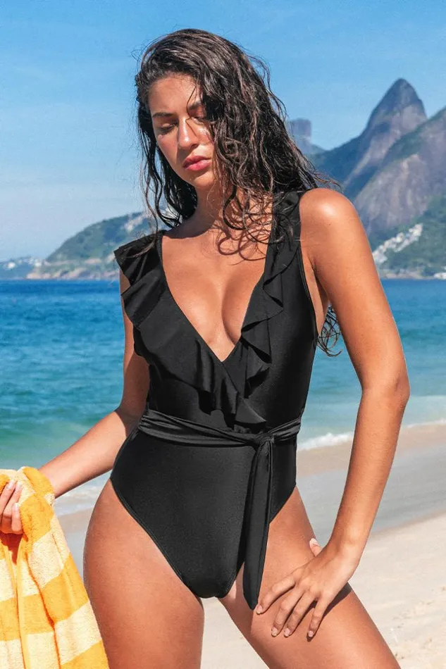 Women Tummy Control Swimsuits Cupshe Paluma Ruffled Plunge One Piece Swimsuit Black